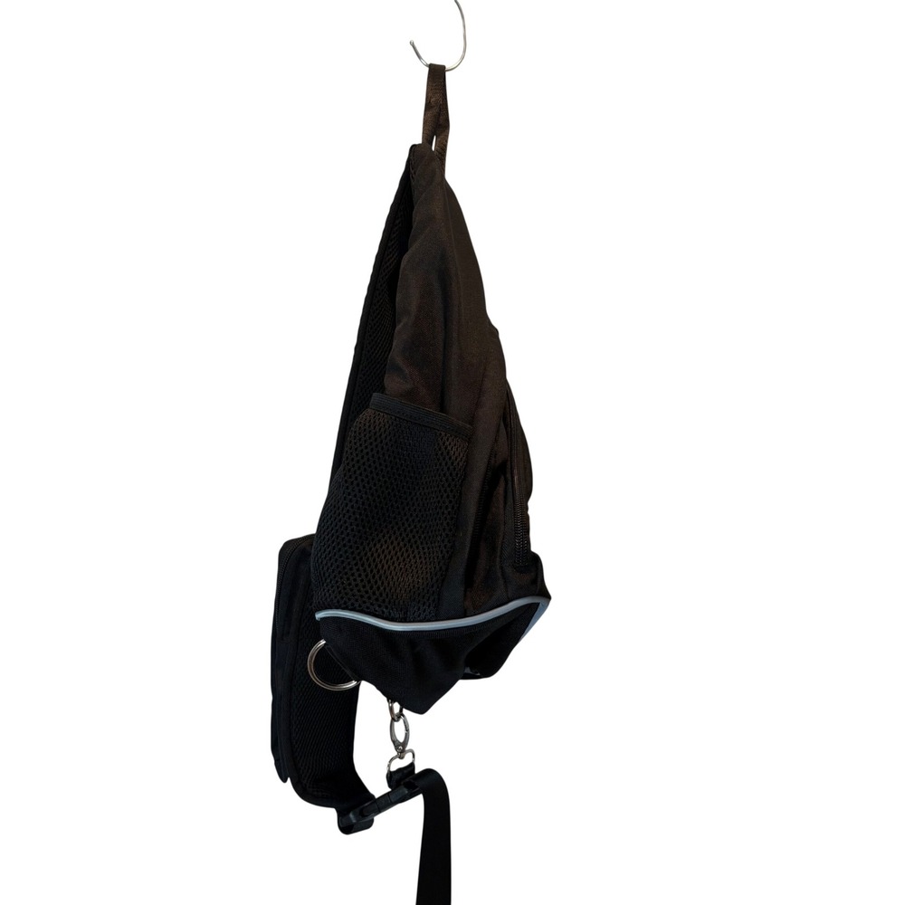 Black Sling Backpack Single Strap Crossbody Bag Reflective Trim Travel Daypack - Picture 3 of 10
